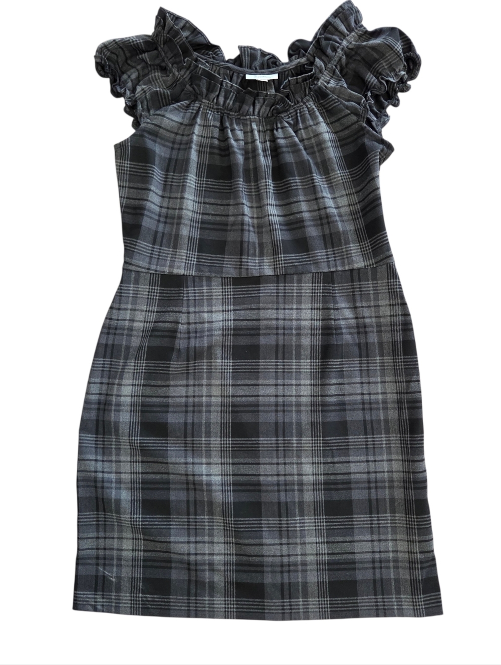 Dressbarn Plaid Shift Dress Womens 16 Gray Black Ruffle Academic Holiday Dress